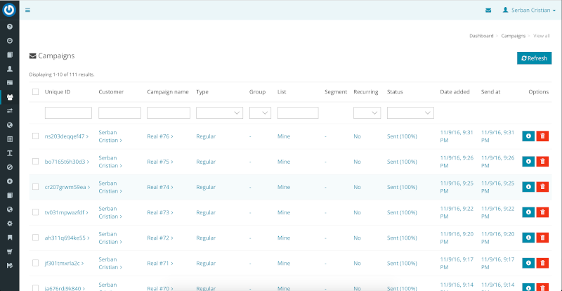 MailWizz Campaigns list